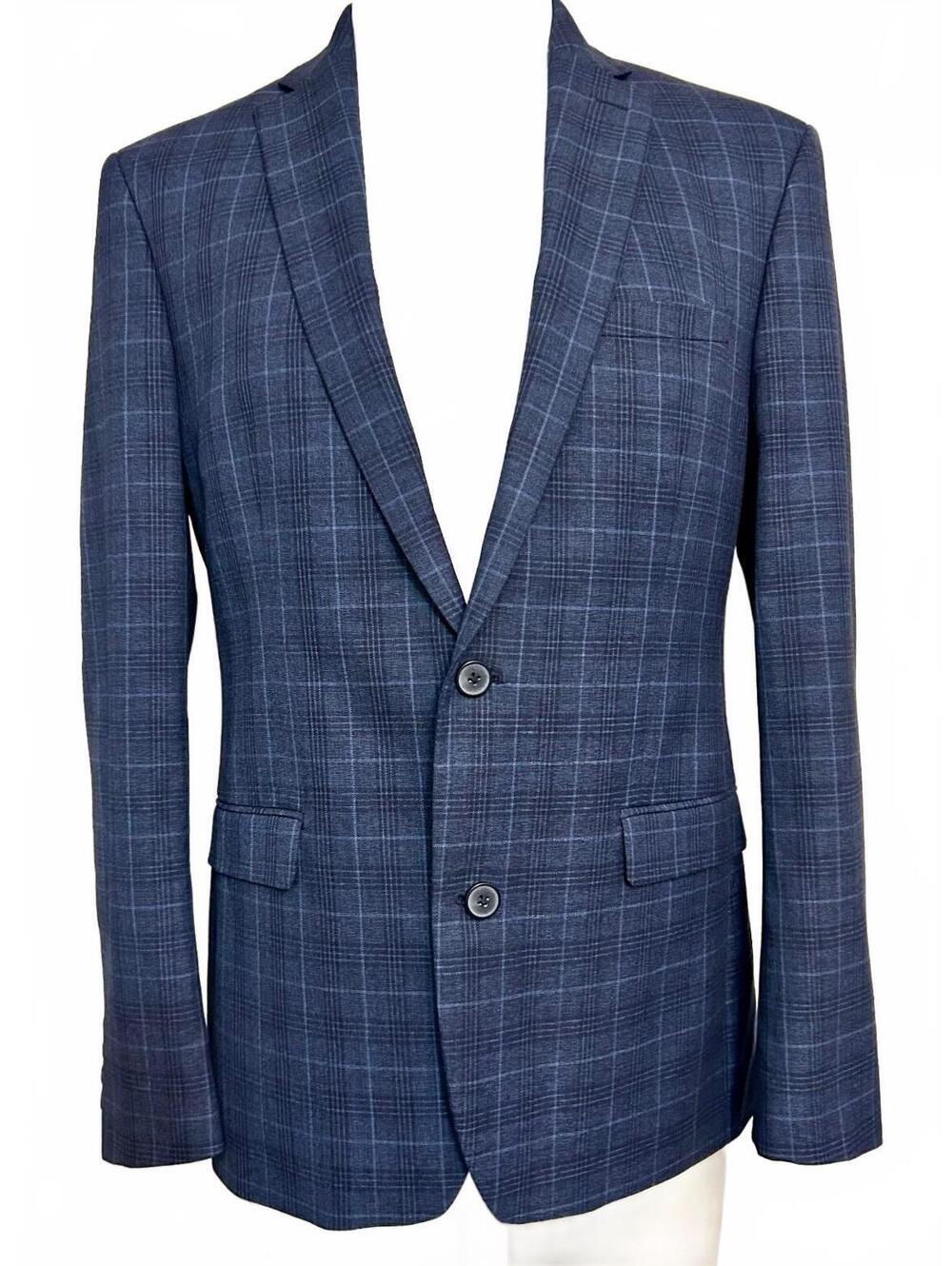 Bar III Mens Blazer 40R Slim Fit Navy Blue Plaid Stretch 2 Button Sport Coat